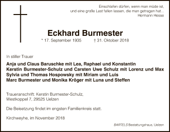 Traueranzeige von Eckhard Burmester von Uelzen