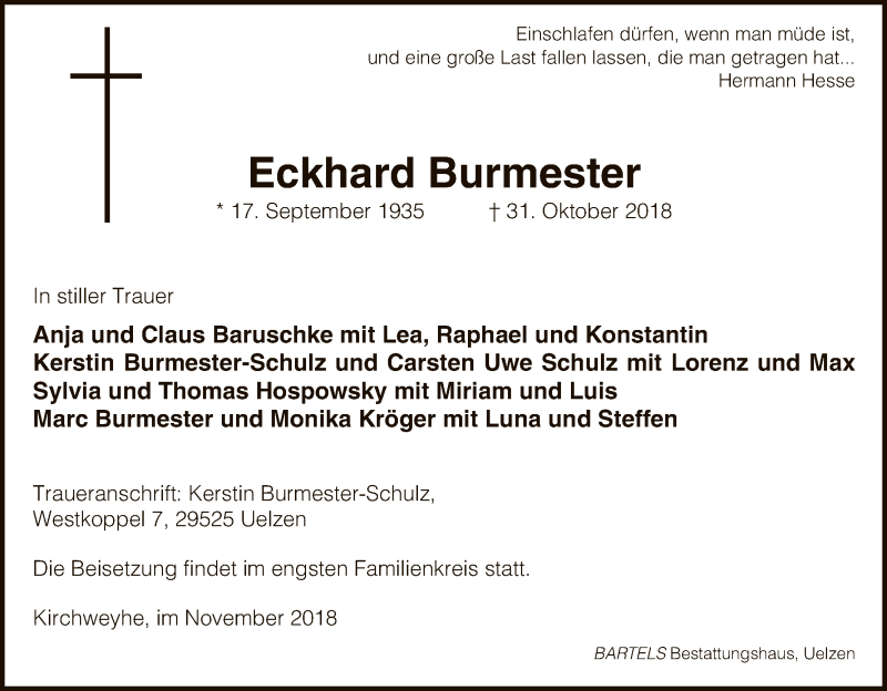  Traueranzeige für Eckhard Burmester vom 06.11.2018 aus Uelzen