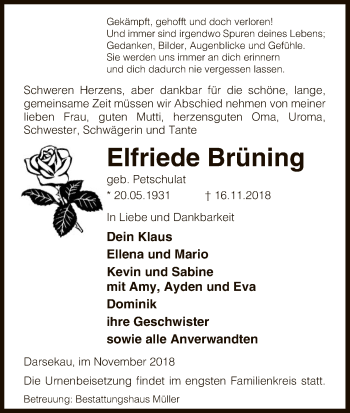 Traueranzeige von Elfriede Brüning von Uelzen