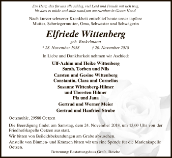 Traueranzeige von Elfriede Wittenberg von Uelzen