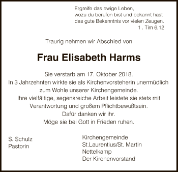 Traueranzeige von Elisabeth Harms von Uelzen