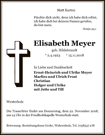 Traueranzeige von Elisabeth Meyer von Uelzen