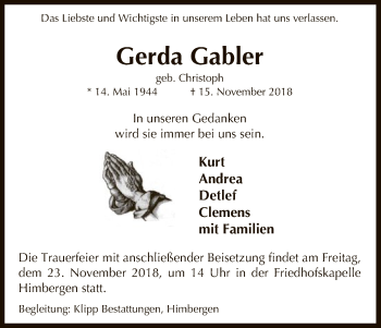 Traueranzeige von Gerda Gabler von Uelzen