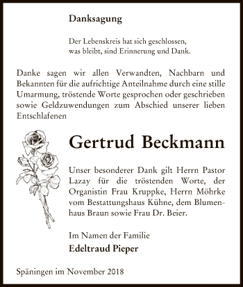 Traueranzeige von Gertrud Beckmann von Uelzen