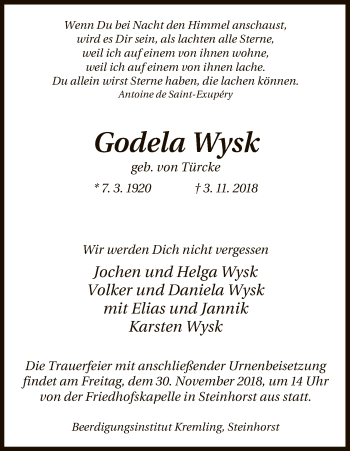 Traueranzeige von Godela Wysk von Uelzen