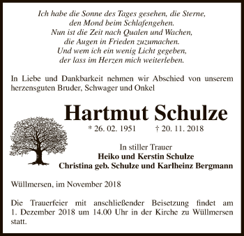 Traueranzeige von Hartmut Schulze von Uelzen