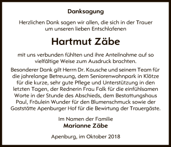 Traueranzeige von Hartmut Zäbe von Uelzen