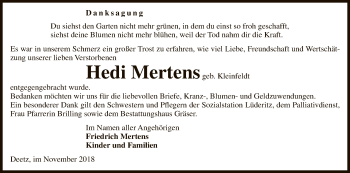 Traueranzeige von Hedi Mertens von Uelzen