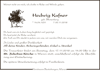 Traueranzeige von Hedwig Kufner von Uelzen