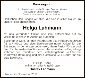 Traueranzeige von Helga Lahmann von Uelzen