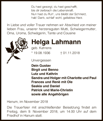 Traueranzeige von Helga Lahmann von Uelzen