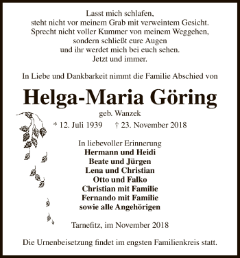 Traueranzeige von Helga-Maria Göring von Uelzen