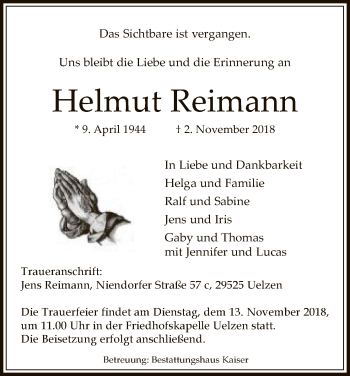 Traueranzeige von Helmut Reimann von Uelzen