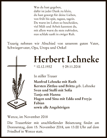 Traueranzeige von Herbert Lehneke von Uelzen