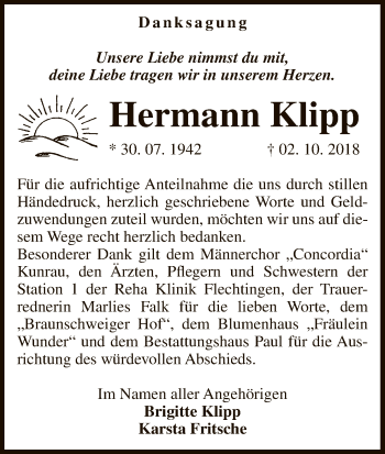 Traueranzeige von Hermann Klipp von Uelzen