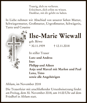 Traueranzeige von Ilse-Marie Wiewall von Uelzen