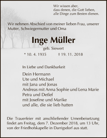 Traueranzeige von Inge Müller von Uelzen