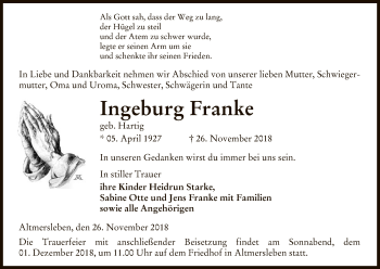 Traueranzeige von Ingeburg Franke von Uelzen