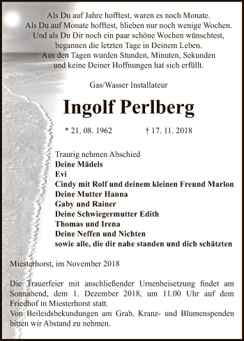 Traueranzeige von Ingolf Perlberg von Uelzen