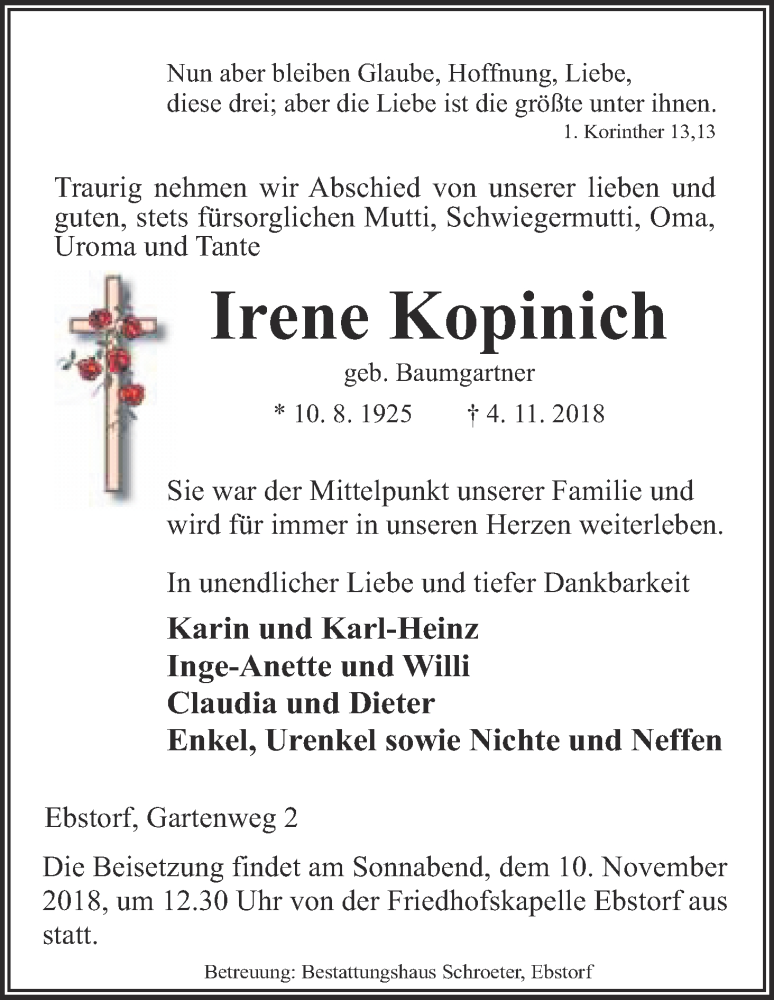  Traueranzeige für Irene Kopinich vom 29.11.2018 aus Allgemeine Zeitung Uelzen