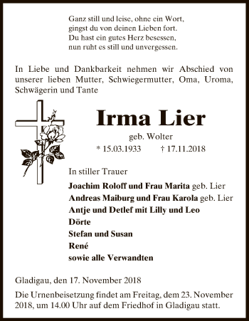 Traueranzeige von Irma Lier von Uelzen