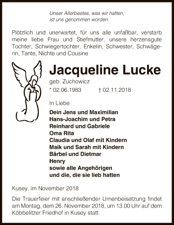 Traueranzeige von Jacqueline Lucke von Uelzen