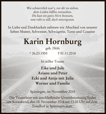 Traueranzeige von Karin Hornburg von Uelzen