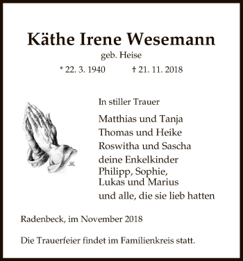 Traueranzeige von Käthe Irene Wesemann von Uelzen