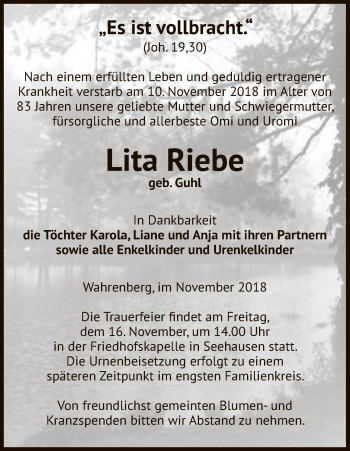 Traueranzeige von Lita Riebe von Uelzen