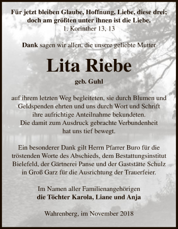 Traueranzeige von Lita Riebe von Uelzen