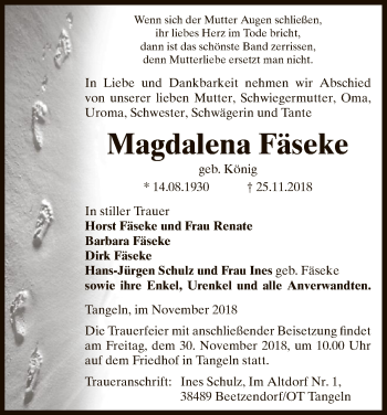 Traueranzeige von Magdalena Fäseke von Uelzen