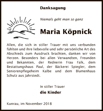 Traueranzeige von Maria Köpnick von Uelzen