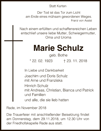 Traueranzeige von Marie Schulz von Uelzen