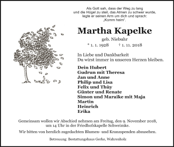 Traueranzeige von Martha Kapelke von Uelzen