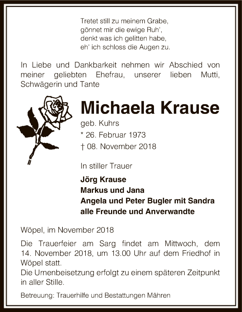  Traueranzeige für Michaela Krause vom 10.11.2018 aus Uelzen