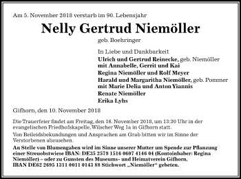 Traueranzeige von Nelly Gertrud Niemöller von Uelzen