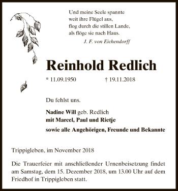 Traueranzeige von Reinhold Redlich von Uelzen