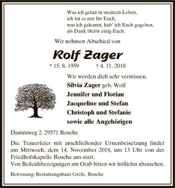 Traueranzeige von Rolf Zager von Uelzen