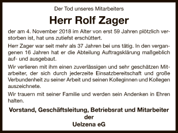 Traueranzeige von Rolf Zager von Uelzen