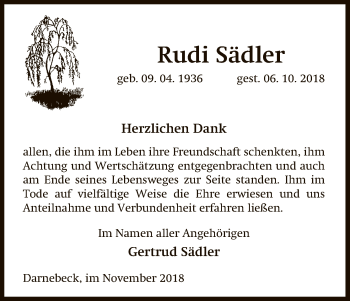 Traueranzeige von Rudi Sädler von Uelzen