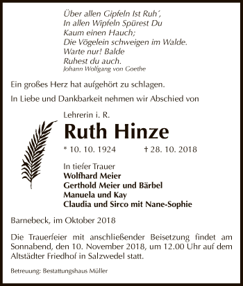 Traueranzeige von Ruth Hinze von Uelzen