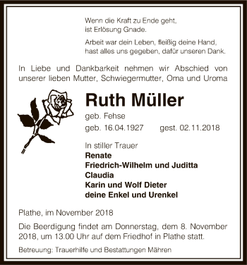 Traueranzeige von Ruth Müller von Uelzen