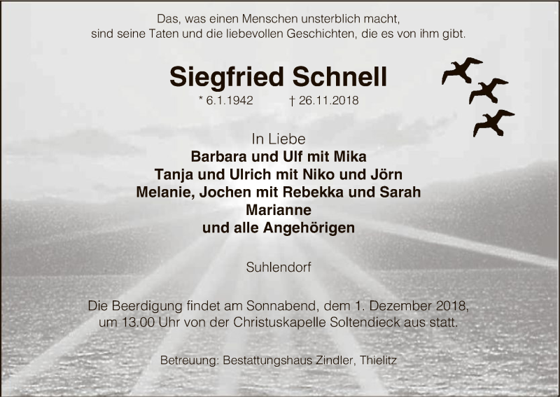  Traueranzeige für Siegfried Schnell vom 29.11.2018 aus Uelzen