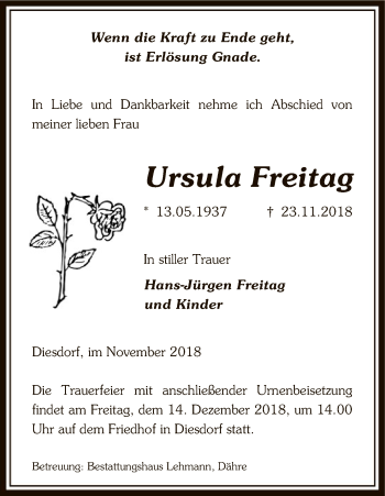 Traueranzeige von Ursula Freitag von Uelzen