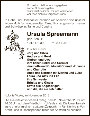 Traueranzeige von Ursula Spreemann von Uelzen