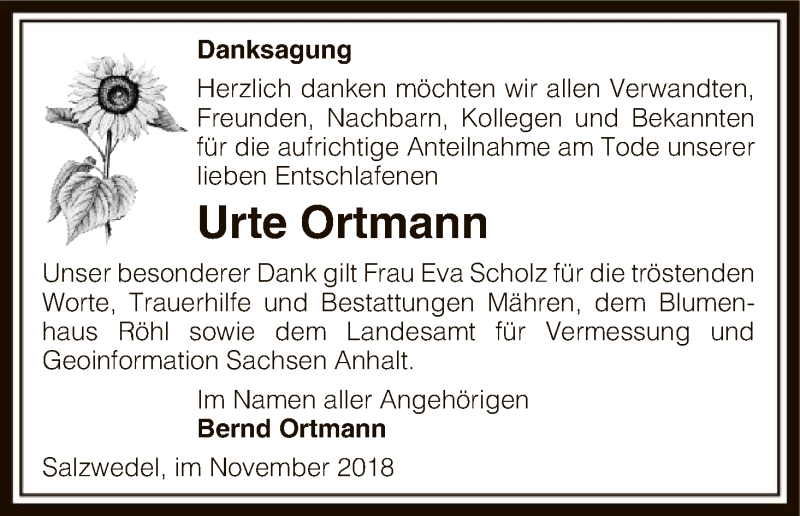  Traueranzeige für Urte Ortmann vom 15.11.2018 aus Uelzen