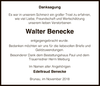Traueranzeige von Walter Benecke von Uelzen