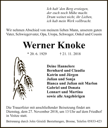 Traueranzeige von Werner Knoke von Uelzen