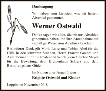 Traueranzeige von Werner Ostwald von Uelzen