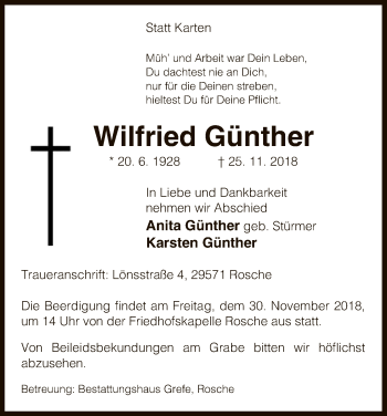 Traueranzeige von Wilfried Günther von Uelzen